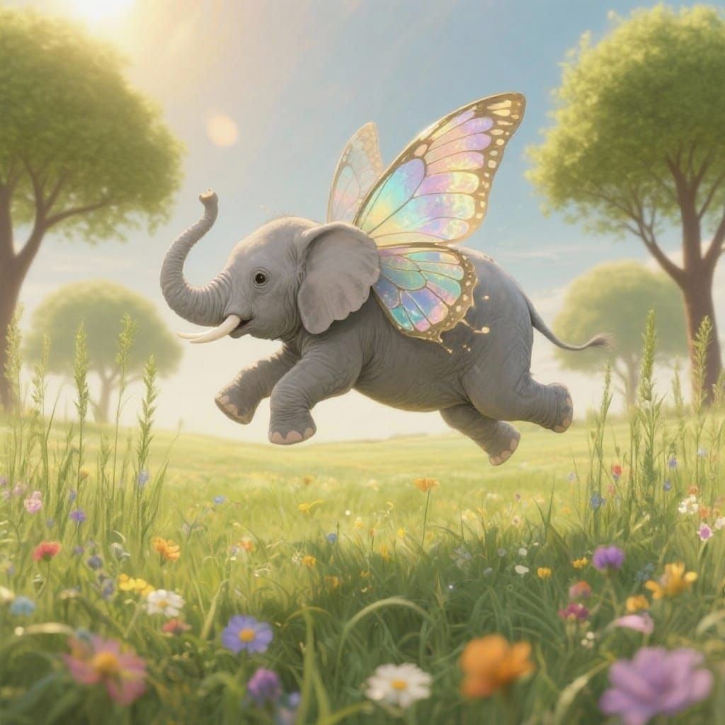 The painted smiling little winged elephant sits happily on the fence next to the magpie. - Start Image 1