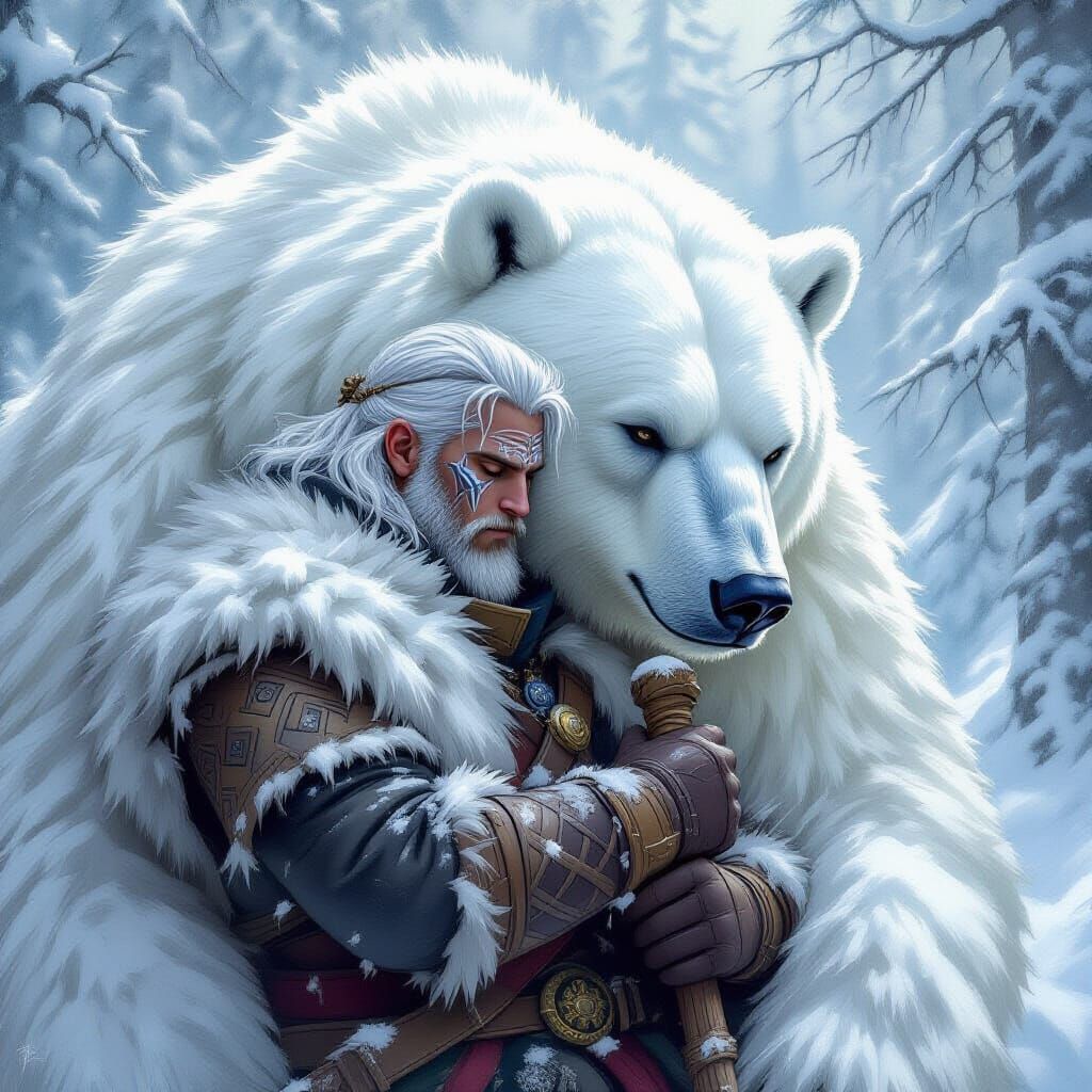 The image shows a fantasy scene in a snowy forest. A guy with white hair and patterns on his face, dressed in fur clothes, leans his head ag...