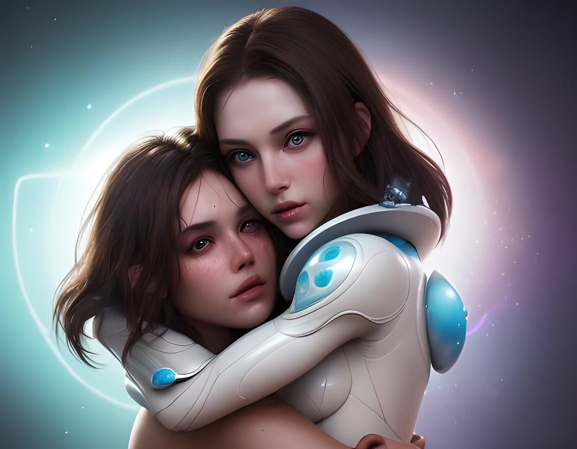 beauty brunette and white skinned alien lady hug