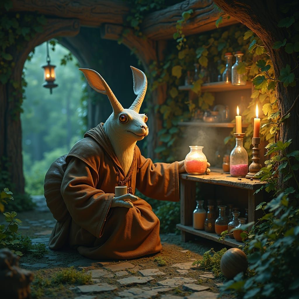 High fantasy epic snail alchemist curiously looking at their potion, snail alchemist, scenic woodland shack interior, high detail, high qual...