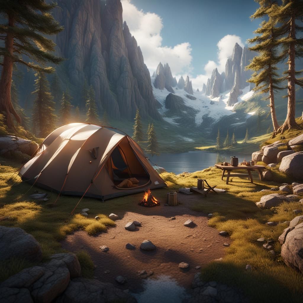 The Perfect Camping Spot from a mountain - AI Generated Artwork ...