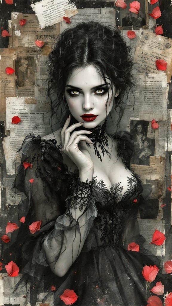 "Vampiress." Collage. Beautiful charcoal and ink Portrait. Mixed media. Newspaper clippings, photos, ...  by @Eclectic shambles