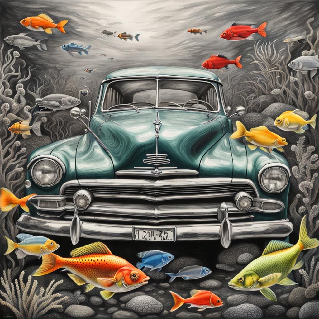 Vintage Car Swims in Aquarium: Charcoal Drawing