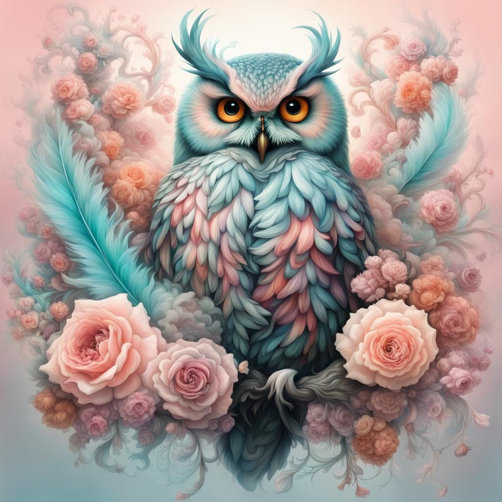 Masterpiece, a burst of plasma owl, dream, ornate, explosion of liquid whimsical fantasy elegant rose ...  by @undefined