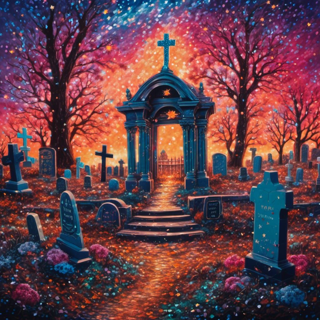 Glittery painting of a graveyard<lora:Glitter:1.0>, colorful, realistic, cinematic, cute, elaborate, complex, hyperdetailed, glistening, pe...