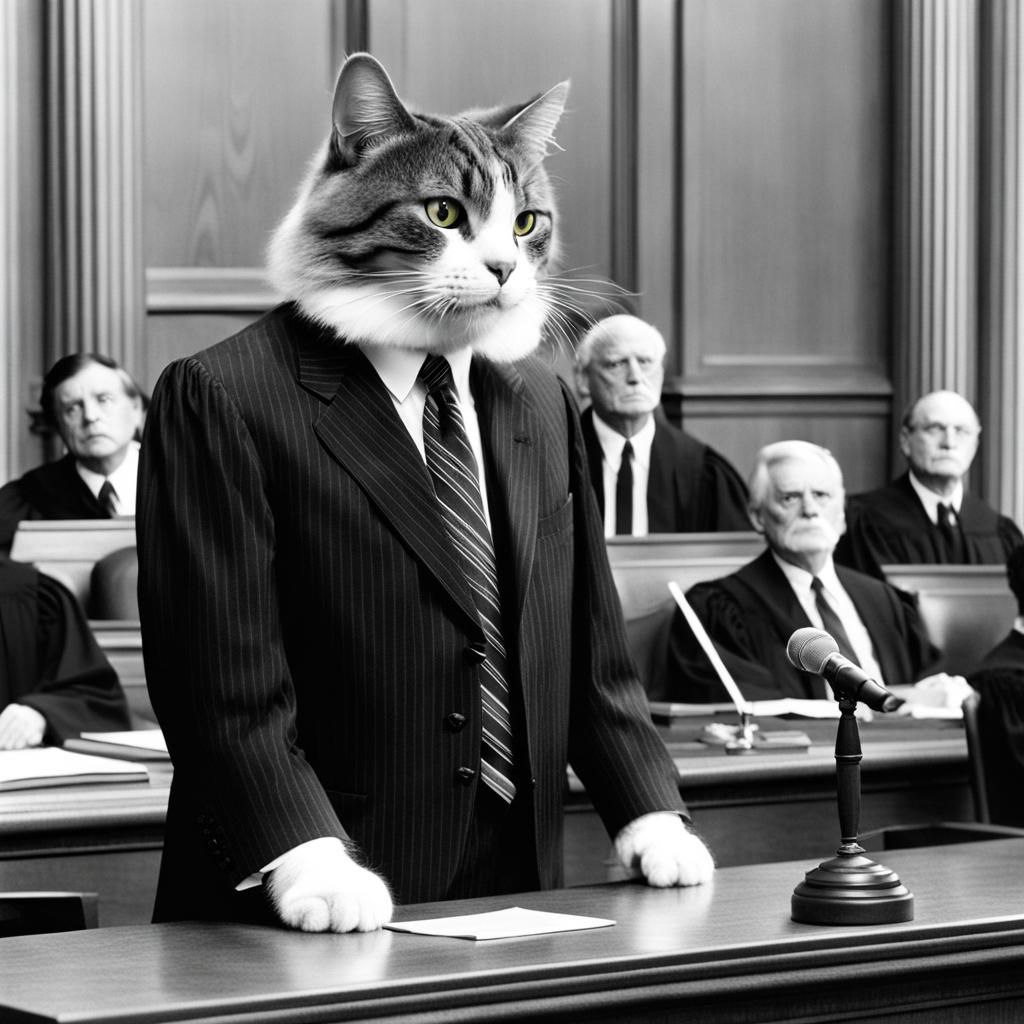 cat in suit and tie speaking in front of a judge in a courth...