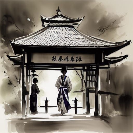 A serene geisha standing near her pagoda. 