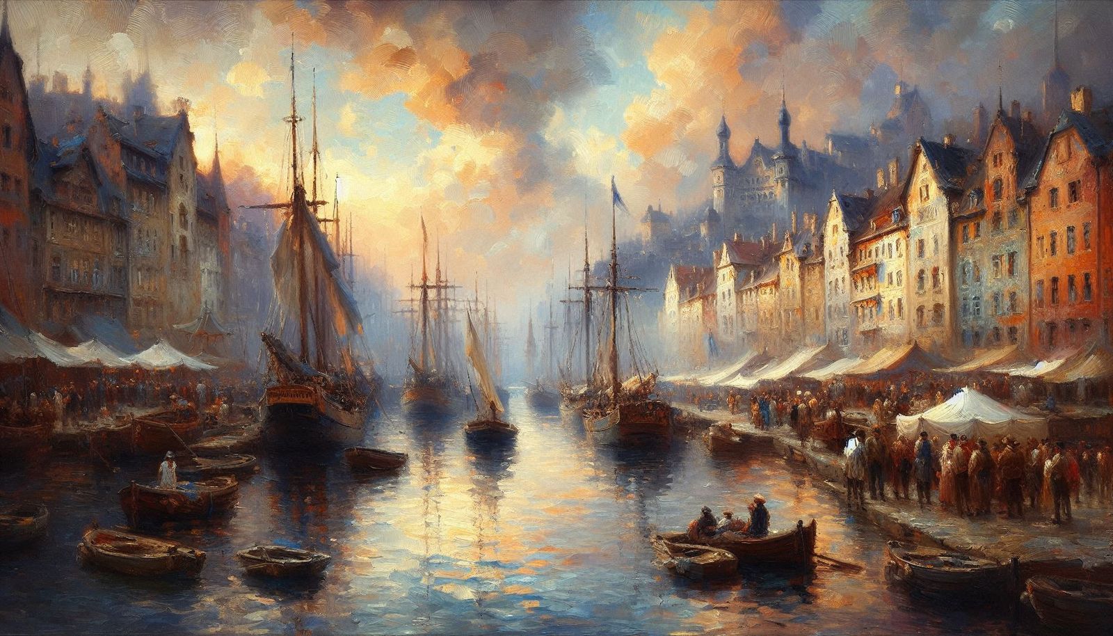 Harbor. Oil painting in style of William Turner. 3