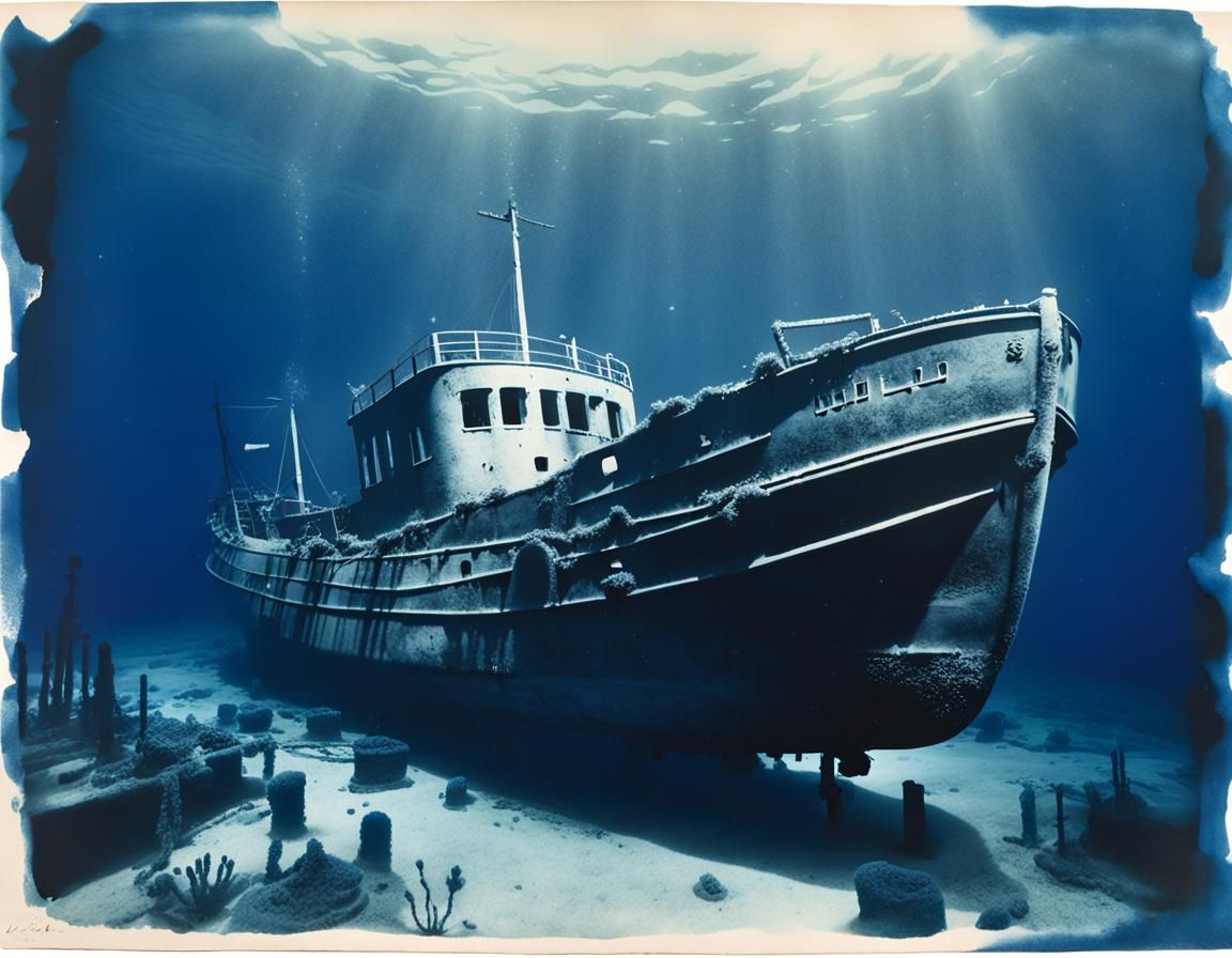 "(cyanotype printing:1.5), underwater wreck of caravelle, Ch...