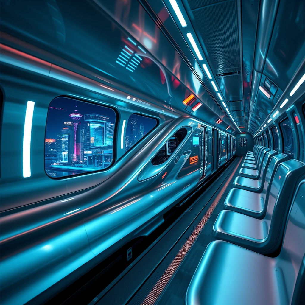 Futuristic Train Glides Through Cyberpunk Metropolis