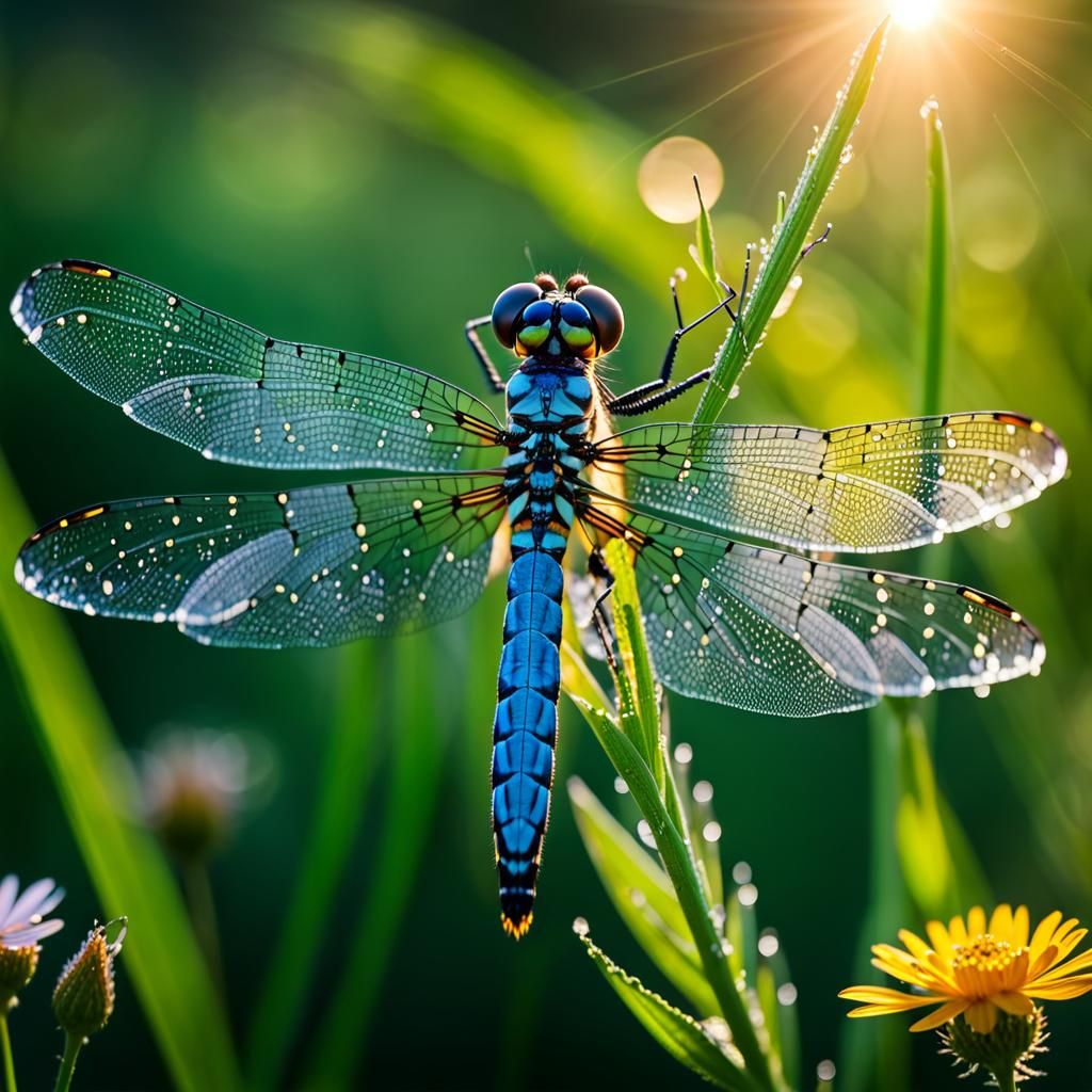 beautiful dragonfly sits on a wildflower, with waterdrops, g...