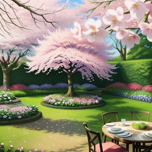 (A cherry blossom tree in the center of a secret garden.10.0...