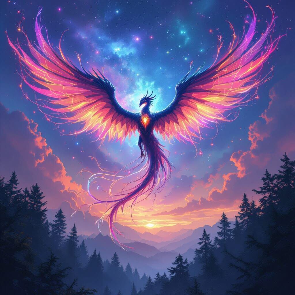 Gothic Fantasy Creature With Plasma Wings In Nebula Sky