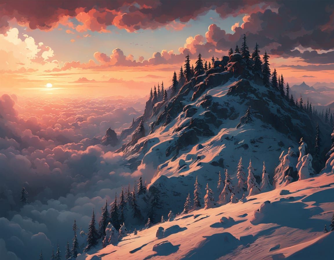 Surreal Sunset Scene in Deep Colors and Brush Strokes