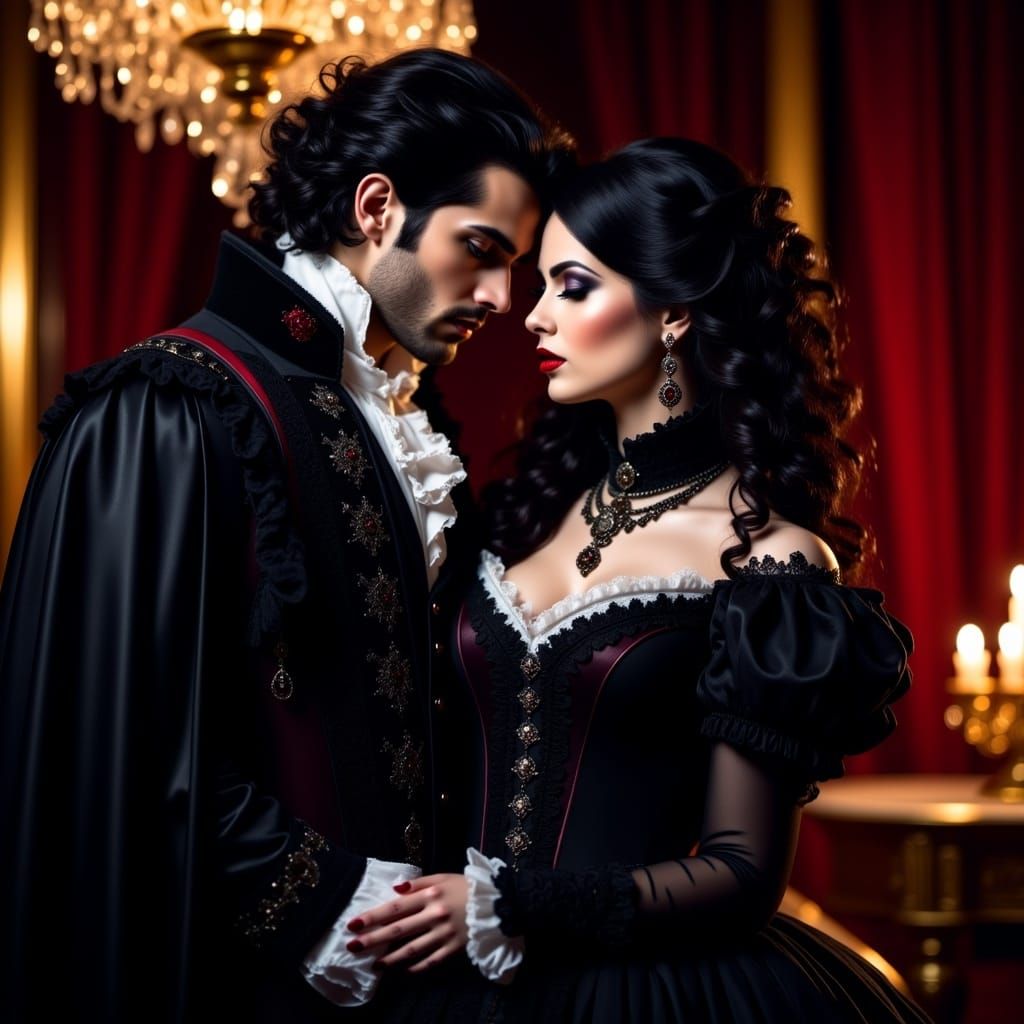 A handsome vampire with long wavy black hair, dressed in an intricately tailored, black Gothic Victorian vampire outfit, complete with a cap...