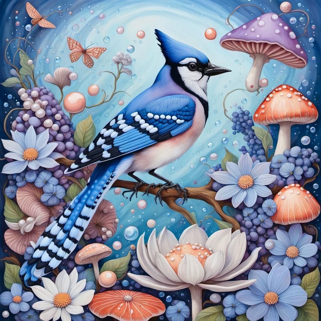 Blue Jay in Candyland Gouache Wonderland