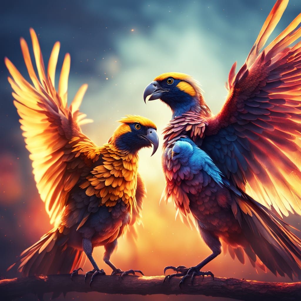 Birds Fighting in Cartoon Style Digital Art