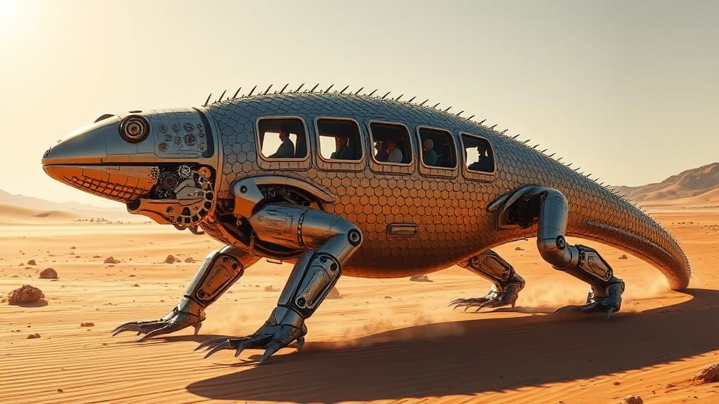 A large robotic lizard vehicle moving across a sunlit desert...
