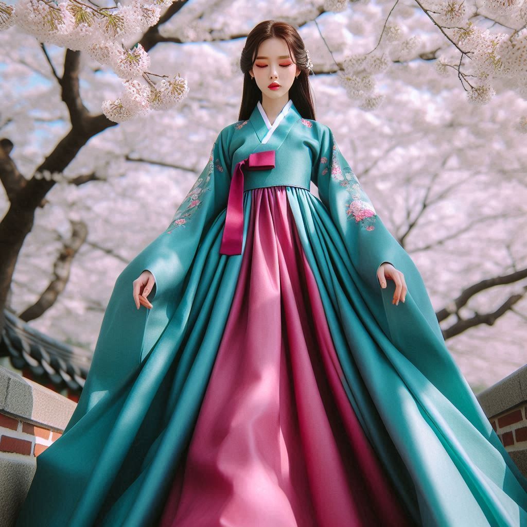 A lady wearing a traditional Korean Hanbok dress