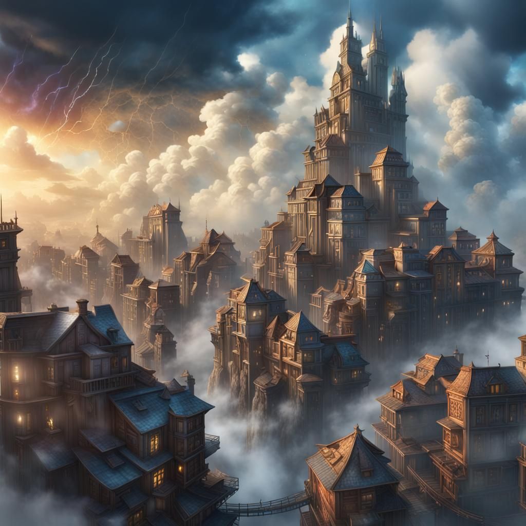 A city covered in fog and clouds