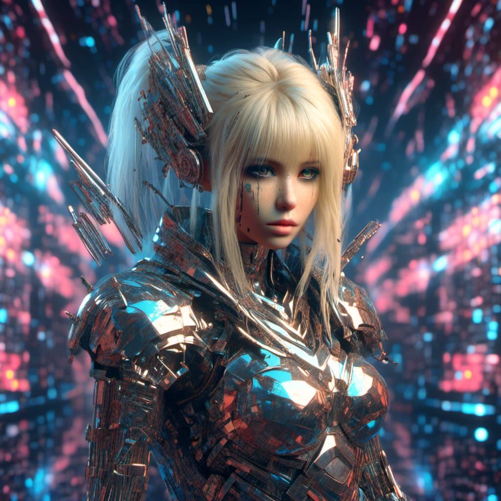  <lora:Cyber Pixie:1.0> cyber Pixie warrior ready for battle long blonde hair in chrome armor digital binary glitch background 