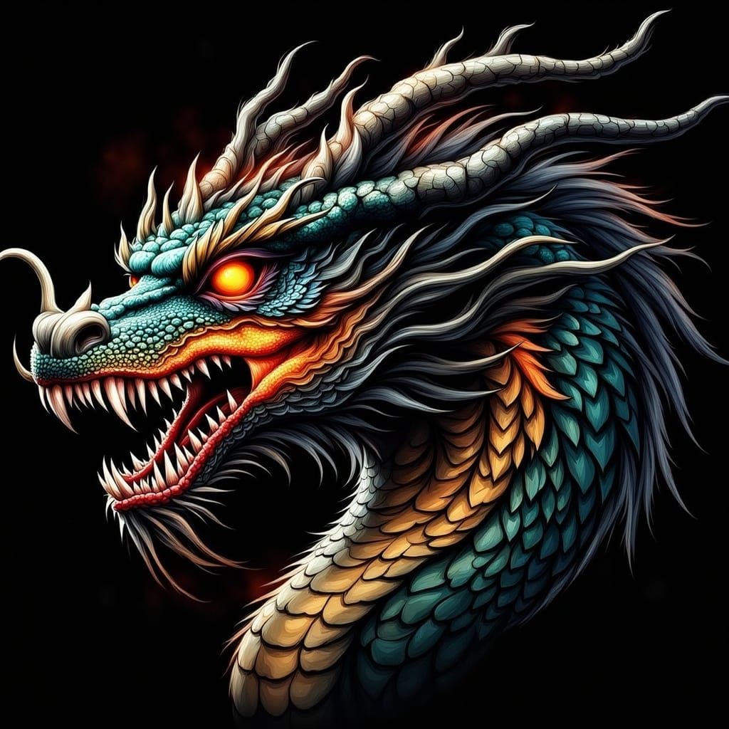 A highly detailed, fierce dragon's head, front-facing, with intensely glowing orange eyes & sharp white teeth. Its scales are primarily vibr...