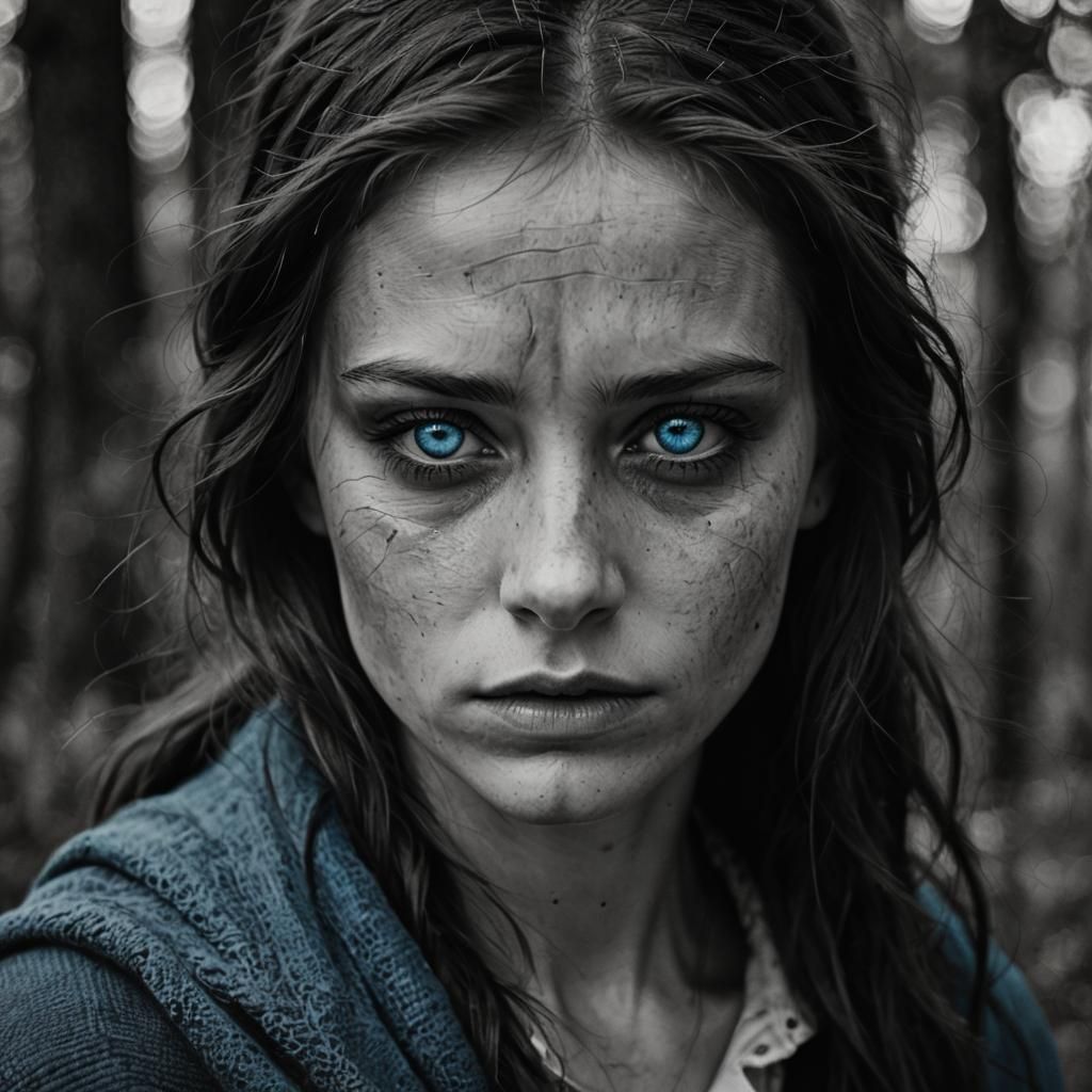 woman, scar, blue eyes, blue, black, white, Melancholic