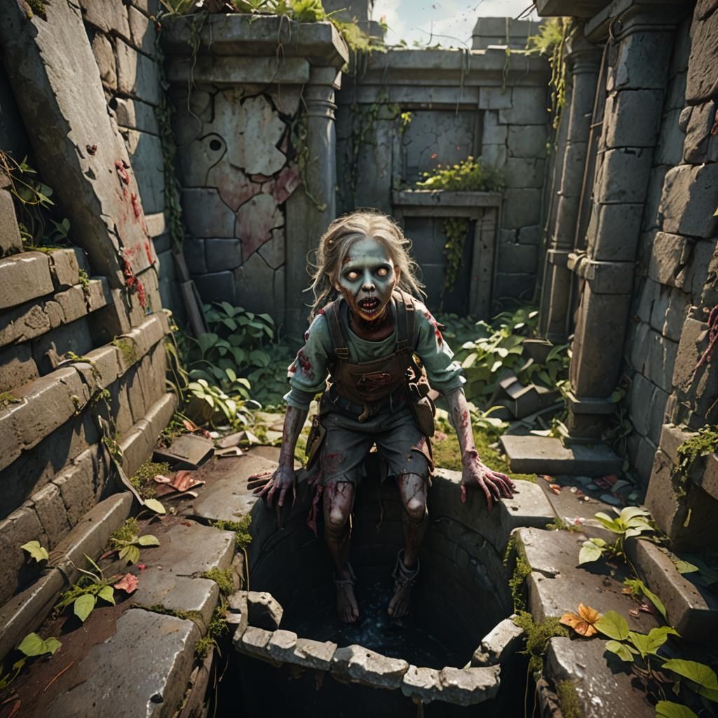 A zombie little girl climbing up the side of a abandoned wel...
