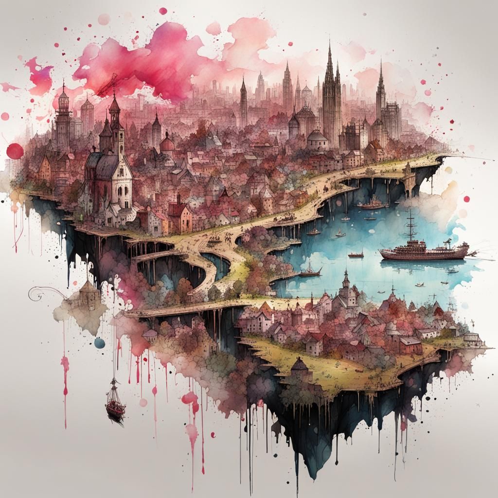 Magical World Map in Watercolor Splash Art