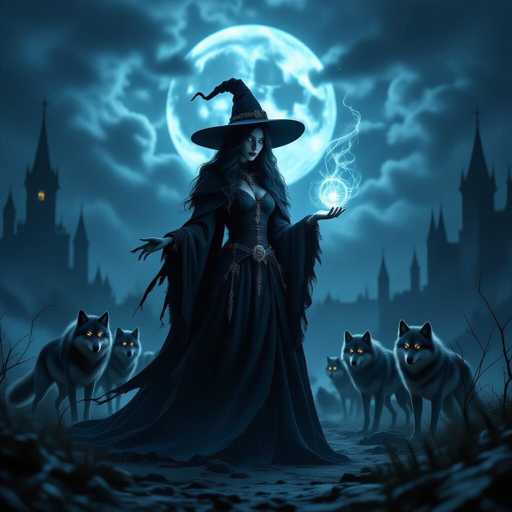 Digital illustration. A solitary witch, cloaked in shadows, conjures dark magic with glowing runes. Her loyal pack of spectral wolves stands...