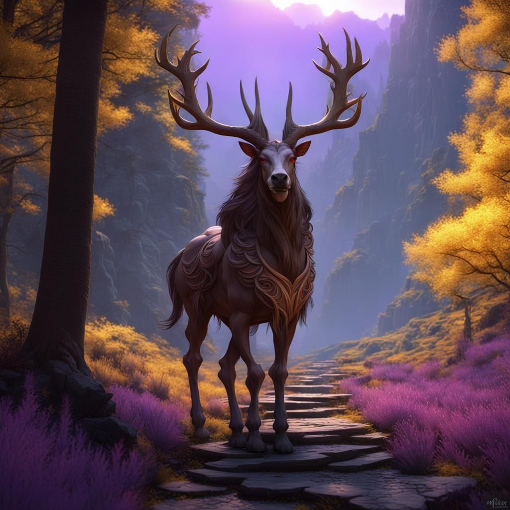 Centaur with antlers standing on a wooded path in the mounta...