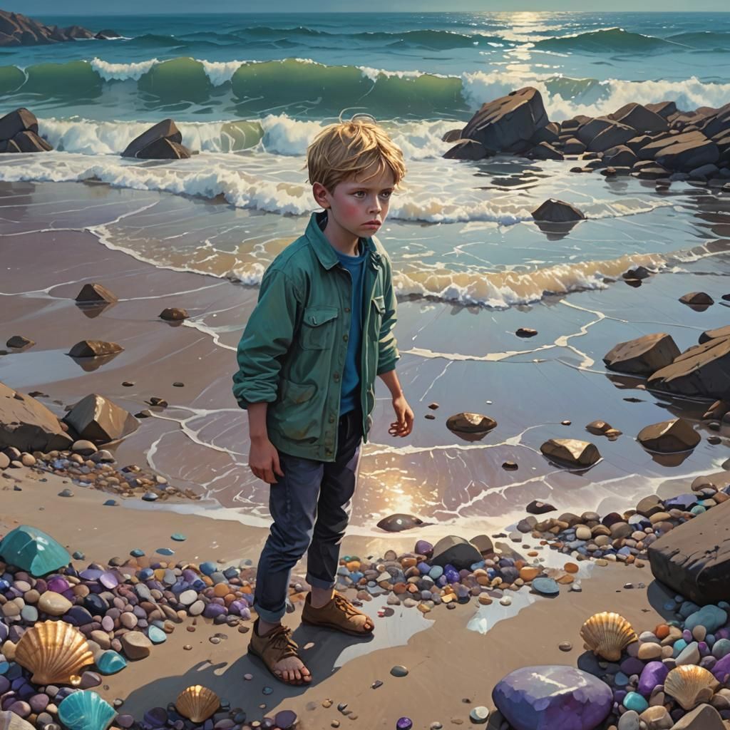 Boy with Sapphire Eyes at Ocean's Edge