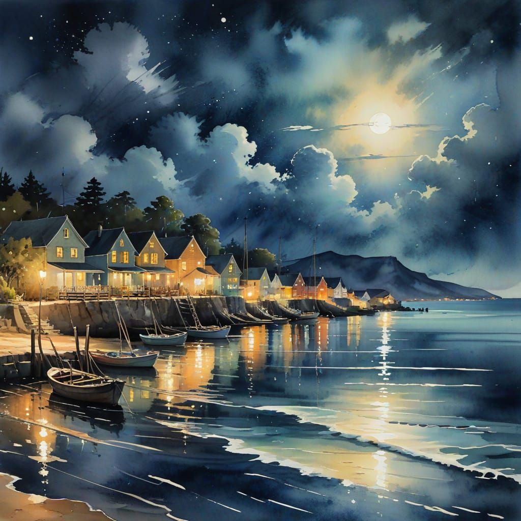 Village on a moonlit bay  by @JMO