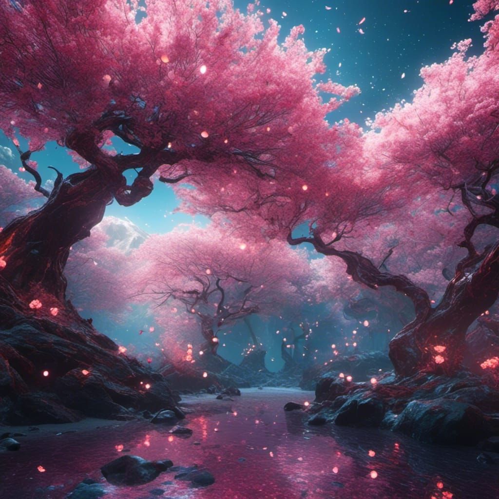 <lora:eye:1.0> cherry blossom forest. magical. glows. biolum...