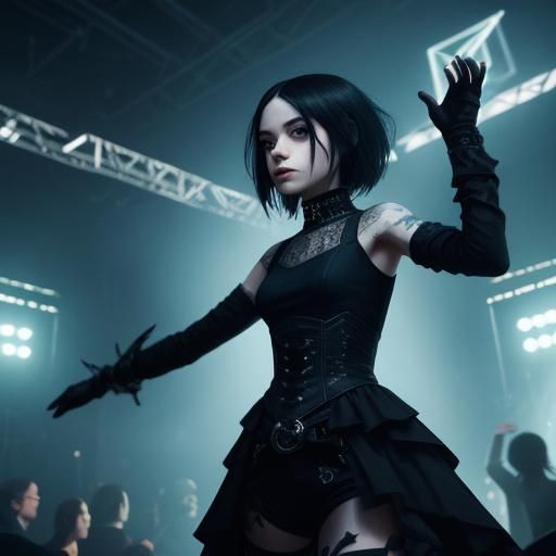 A petite goth female with an hourglass figure in a rave nigh...