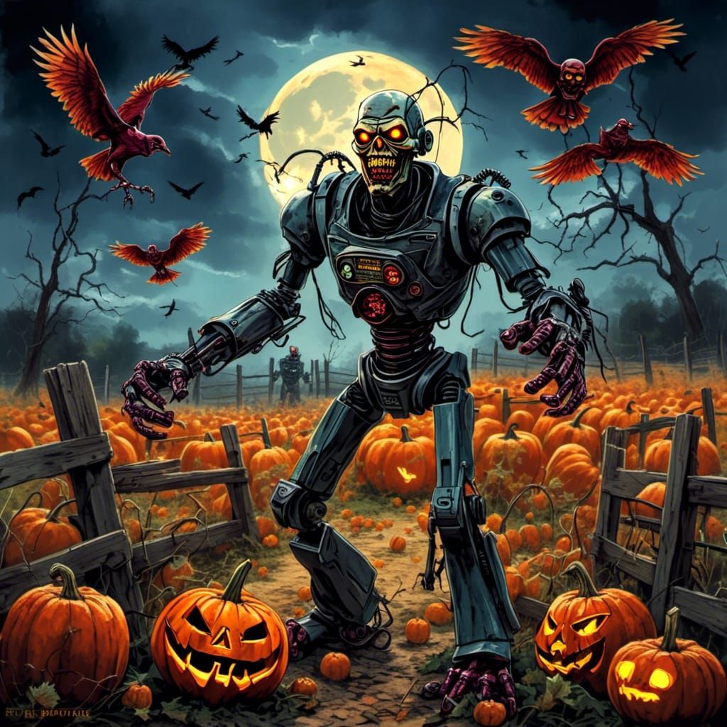 <lora:Techno Zombies:1.0> A scarecrow coming to life in a moonlit pumpkin patch, with crows circling overhead and the harvest moon shining...