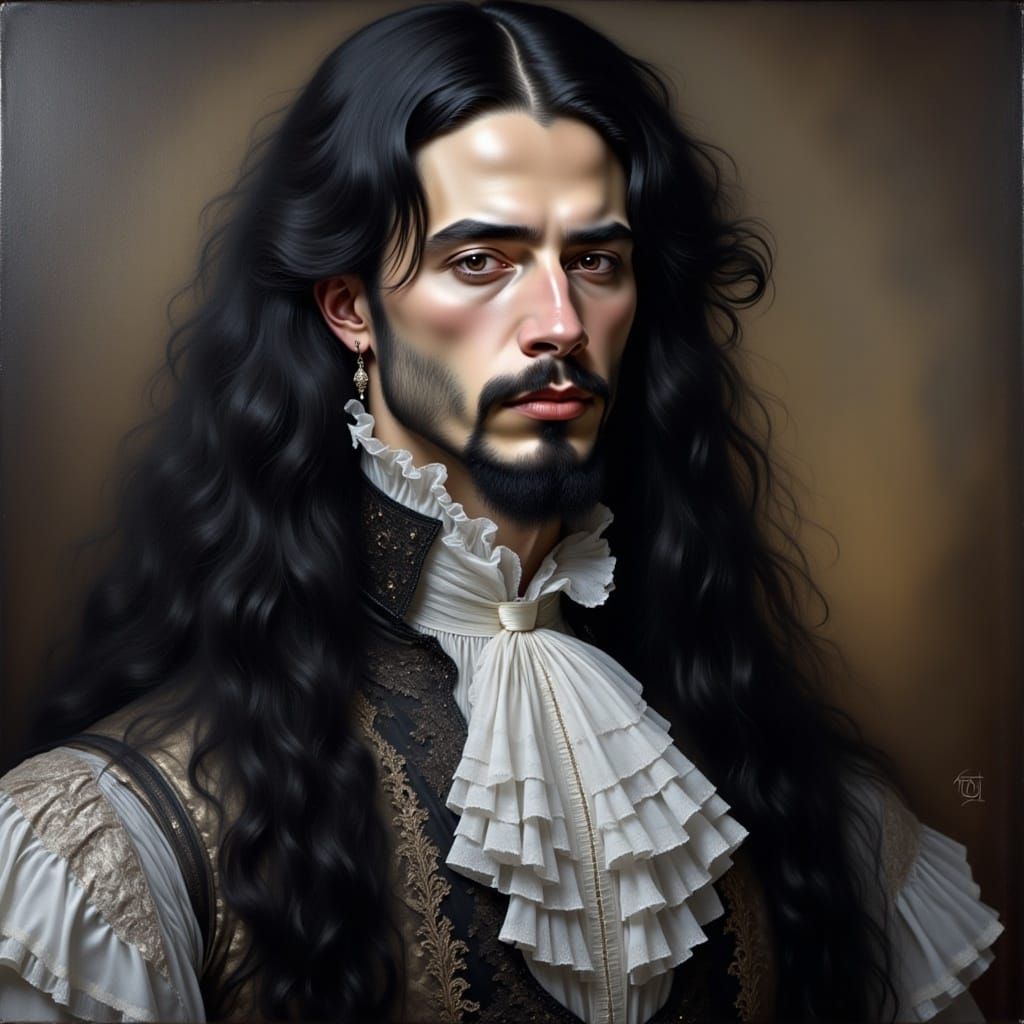 <lora:Rufflelace Intensity:1.0> Oldschool glossy oil painting portrait of a handsome man with long hair, Renaissance Victorian, detailed int...