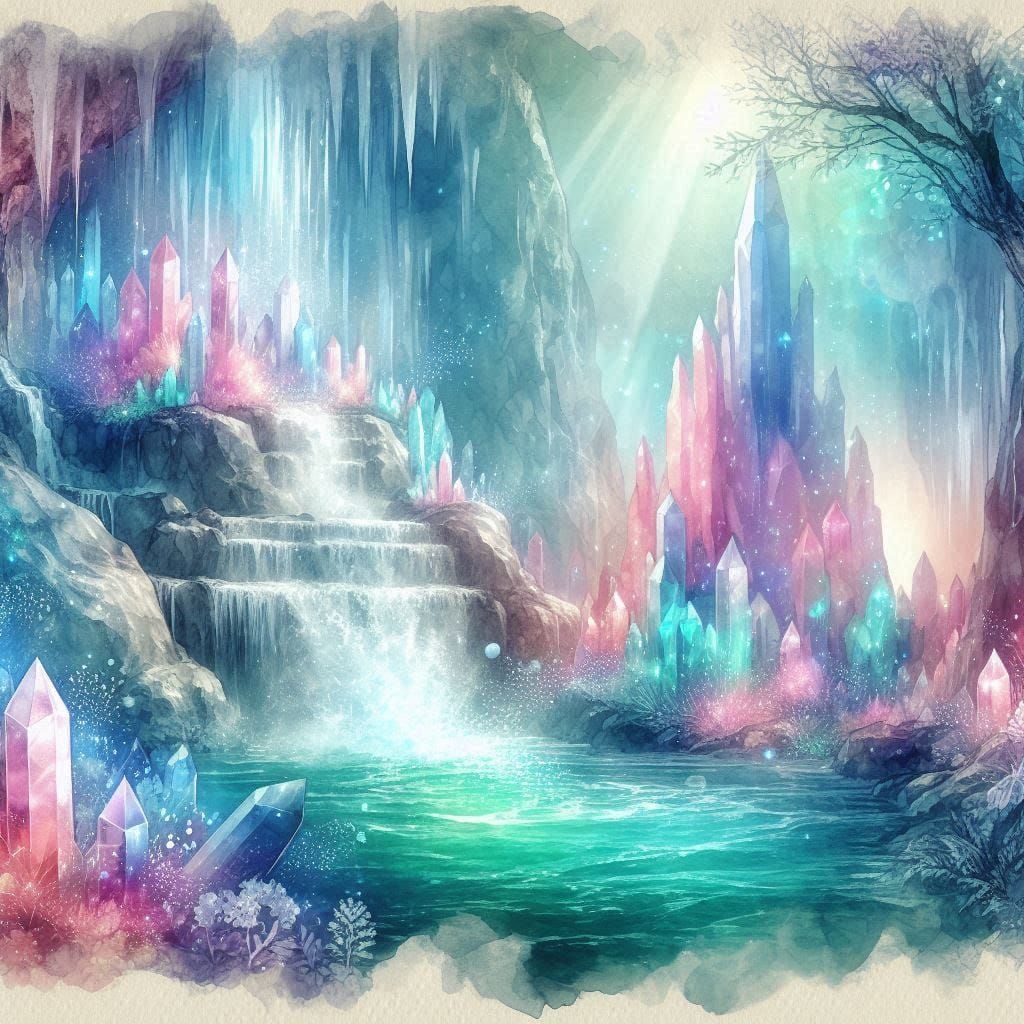 3 magical sparkling Waterfall in a crystal mountain