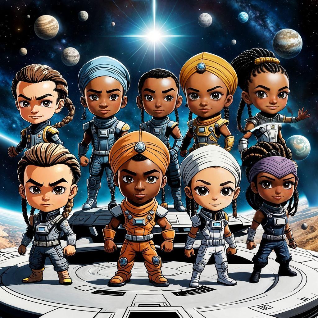 A chibi super hero style group shot of 7 crew of a space ship from the far distant future standing in the command deck. All from a distinctl...