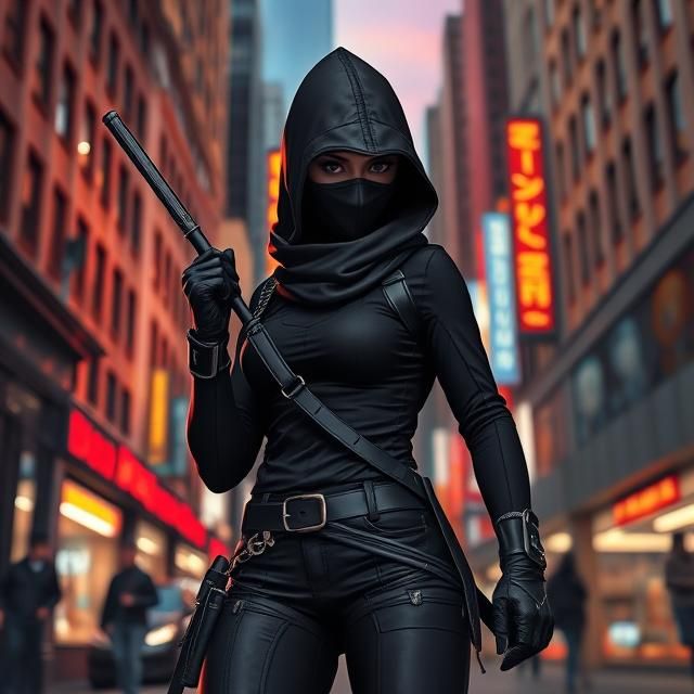 BLACK FEMALE STEALTH NINJA IN A SPLIT BACKGROUND OF NIGHT AN...