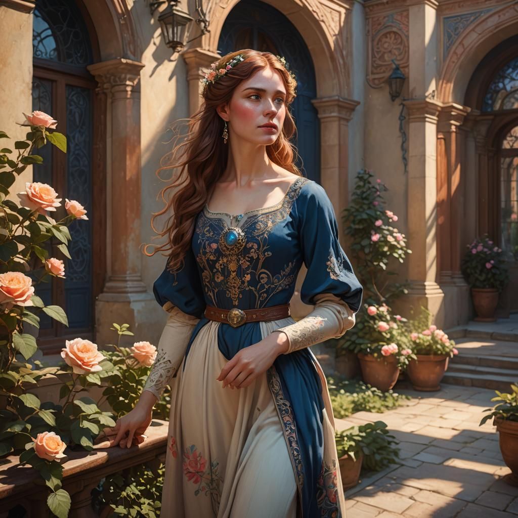 Woman in Sunlit Courtyard: Fantasy Matte Painting