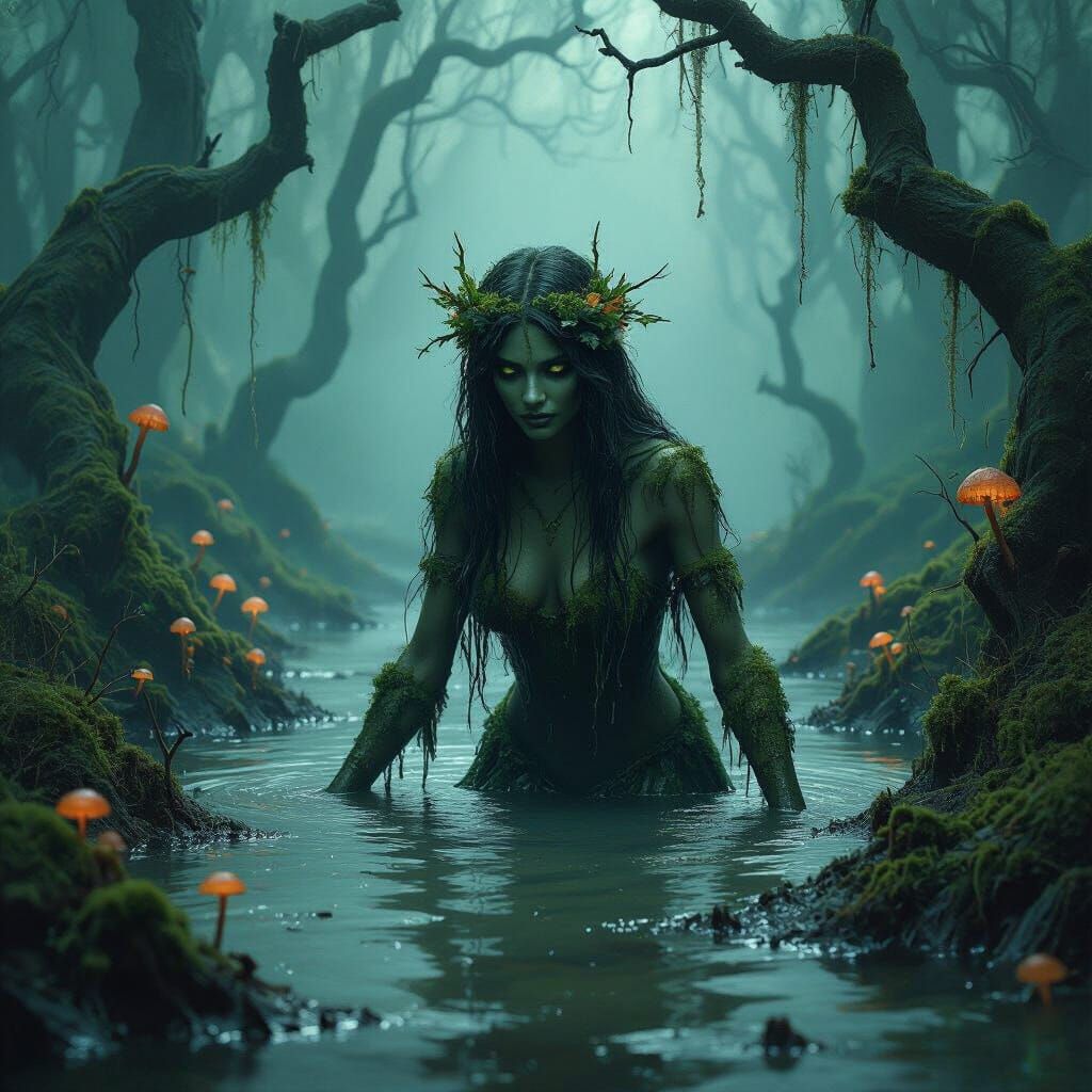 envision a swamp fairy covered in moss, vines, and mud, emerging from a murky bog, surrounded by twisted trees and bioluminescent fungi. The...