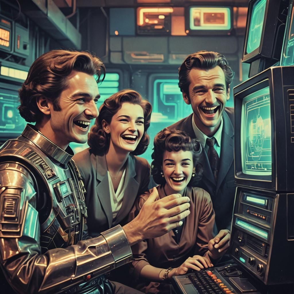 Vintage scene of two men and a woman looking and laughing at...