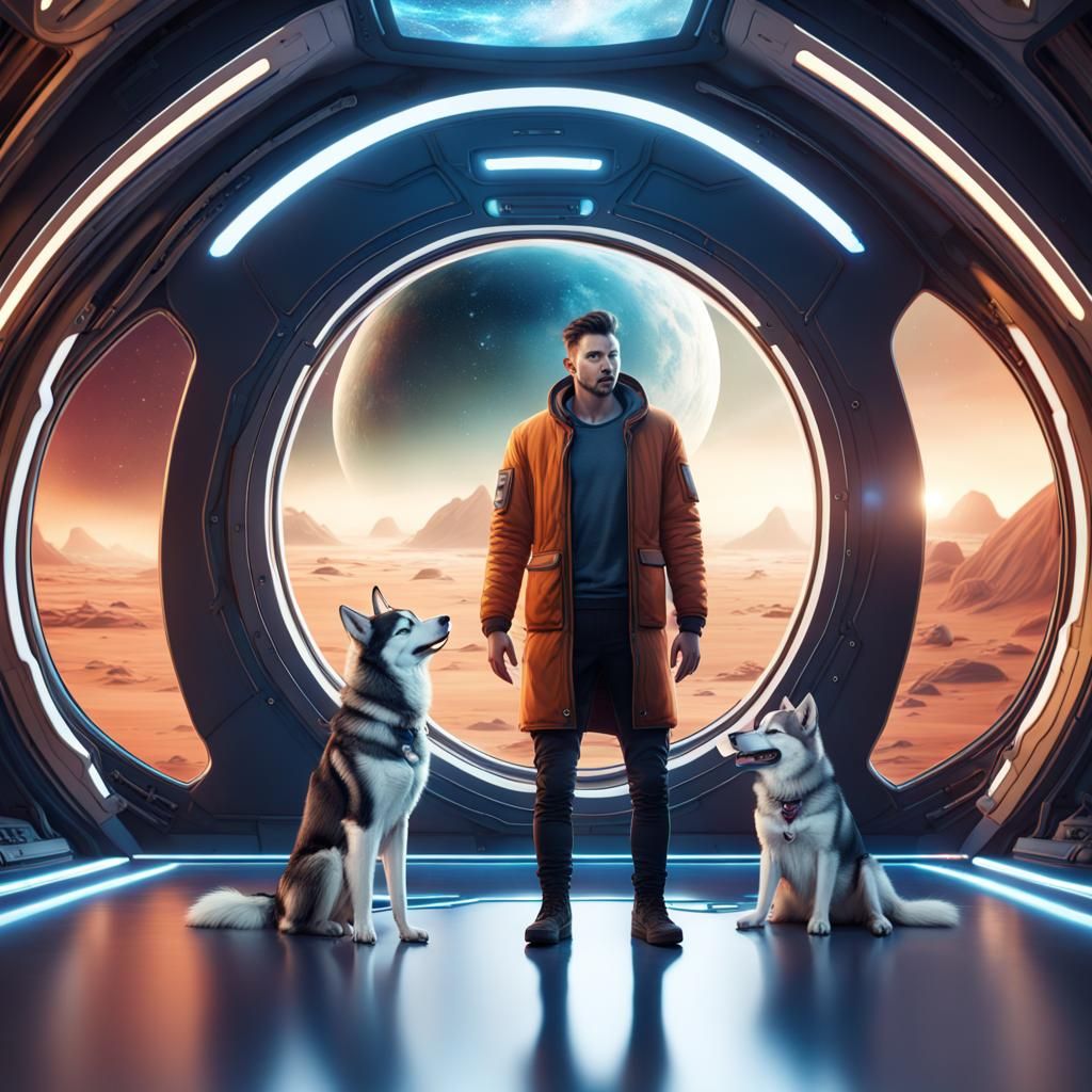 handsome man in vast space with husky dog inside a space pod