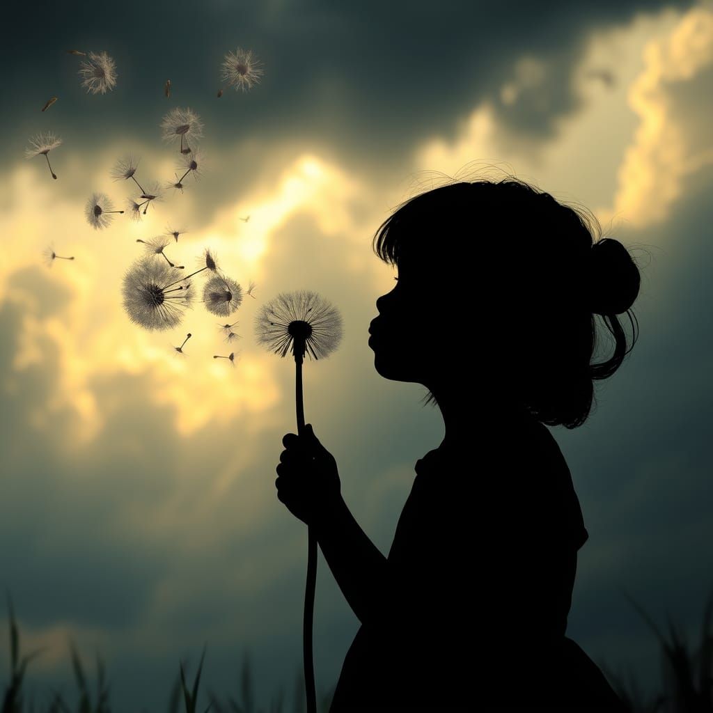 A silhouette of a little girl blowing dandelion seed heads against a stormy sky, silhouette floating ...  by @5Foot3 Marie