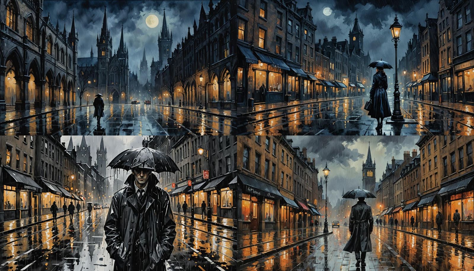 Gothic black and white city street rainy night