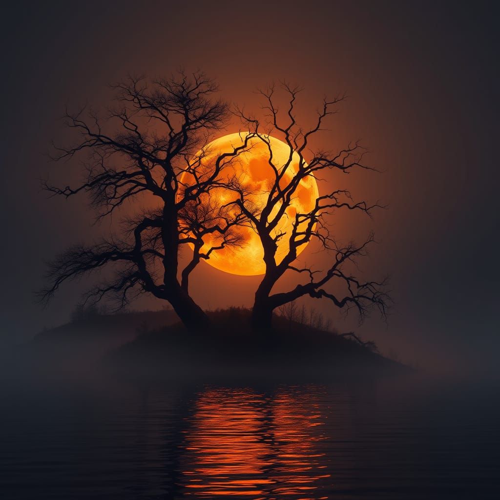 A dark orange Supermoon Behind the silhouette of trees on a secluded lake island. The reflection of the ...  by @Faydra6410