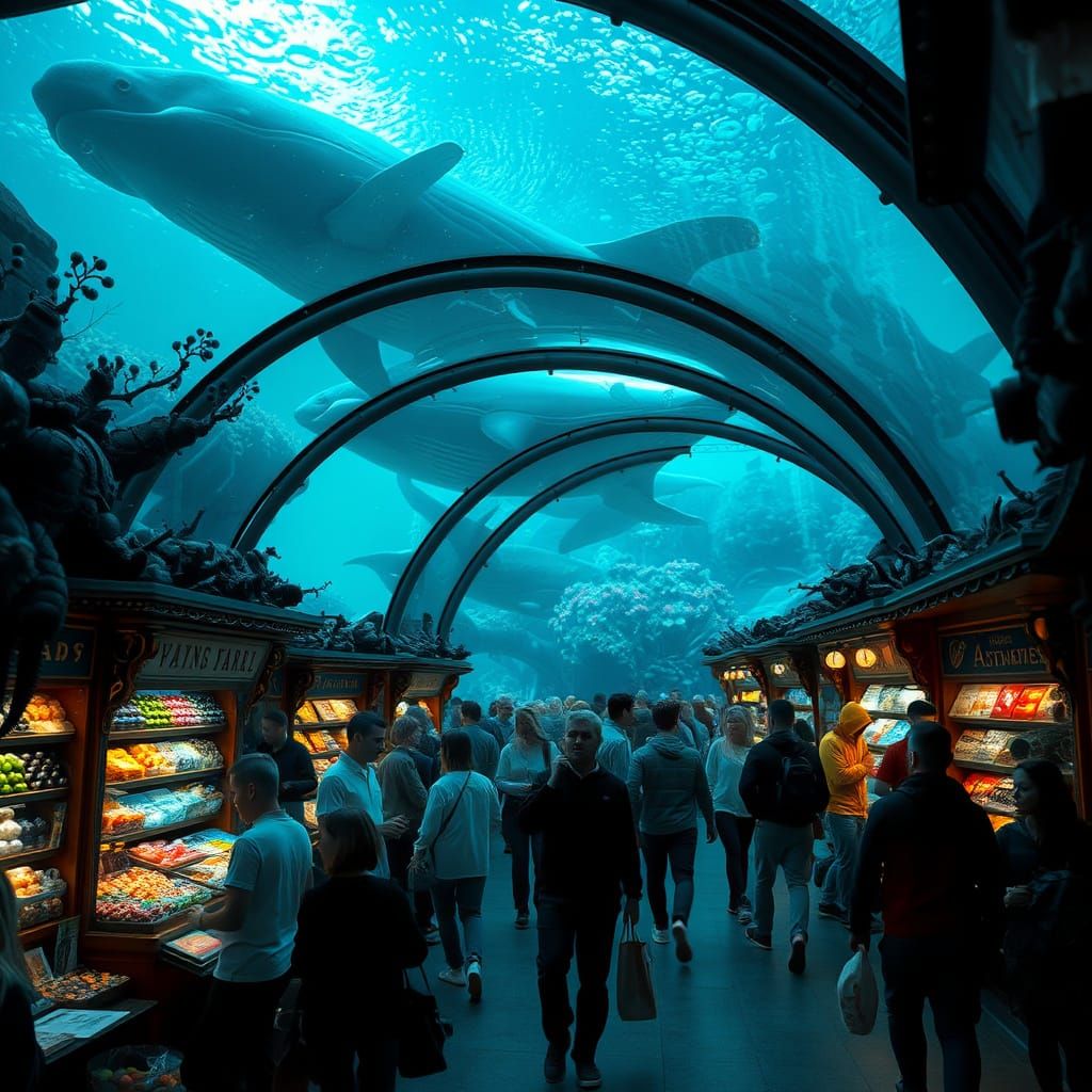 Vibrant shoppers browse eclectic market stalls in underwater nooks, beneath futuristic glass domes, ...  by @Soquasi