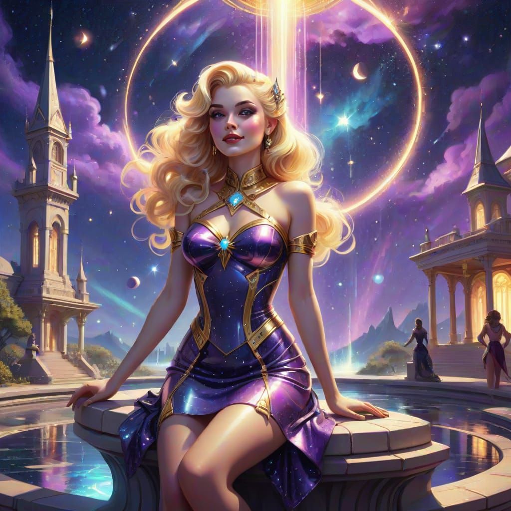 Loxy Isadora Bliss, a petite woman with a sleek short bob haircut of straight lines and sharp angles, sits gracefully on the edge of a fount...