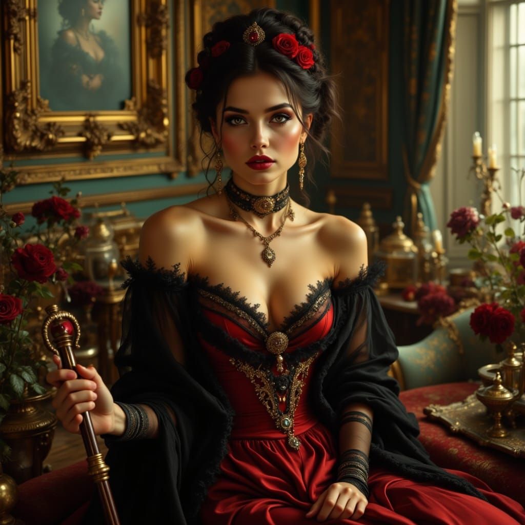 Rococo Beauty in Red Gown with Roses